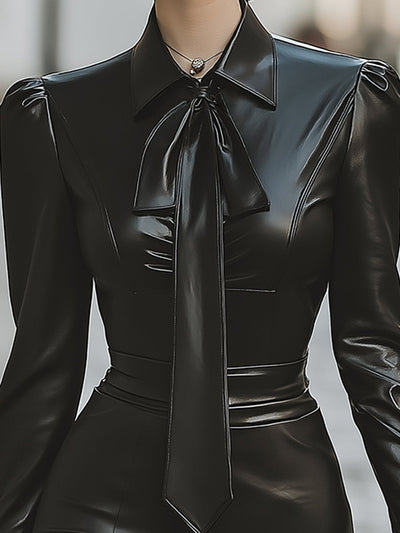 Lola - Sculpted Noir Faux Leather Pencil Dress