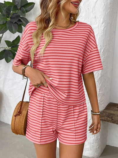 Naomy - Striped Round Neck Short Sleeve Top and Shorts Set