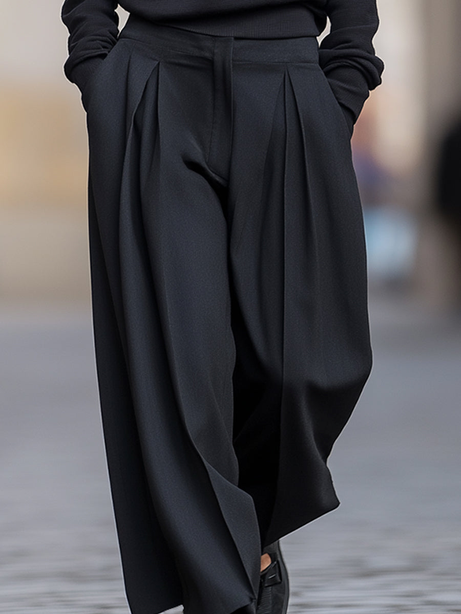 Jade - Minimalist Half-Zip Pullover And Wide-Leg Pleated Trousers Set