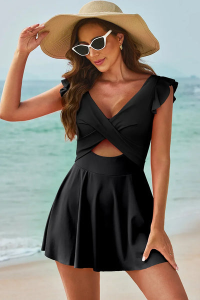Scarlett - Cutout V-Neck Cap Sleeve One-Piece Swimwear