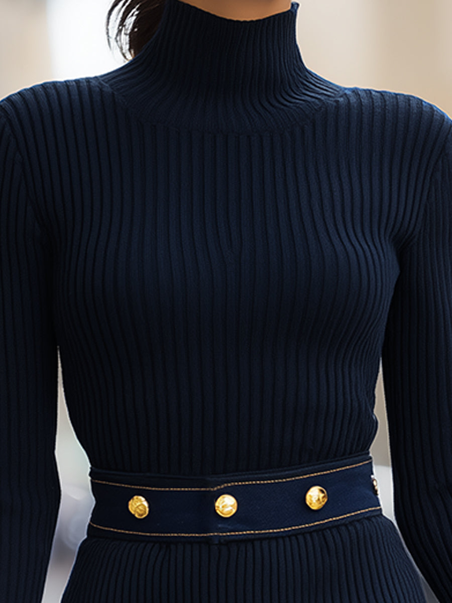 Lily - Navy Ribbed Knit Dress With Gold-Tone Button Denim Pocket Details