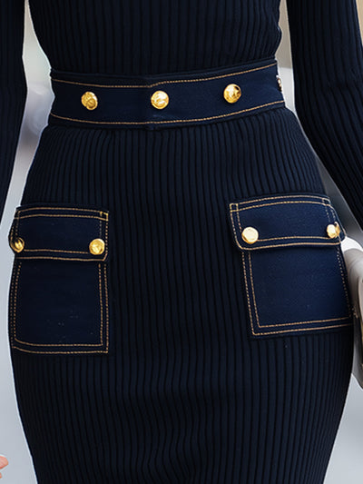 Lily - Navy Ribbed Knit Dress With Gold-Tone Button Denim Pocket Details