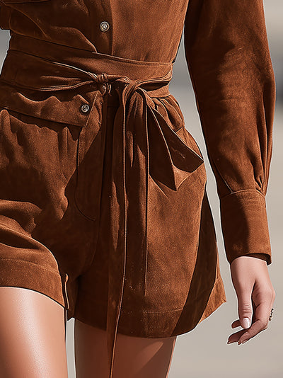 Valentina - Chocolate Brown Suede Fabric Jacket And Shorts Ensemble
