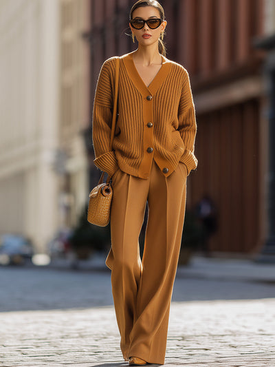 Eda - Caramel Ribbed Knit Cardigan And Wide-Leg Pants Set