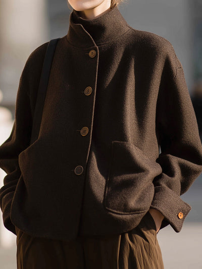 Hannah - Minimalist Brown Wool Stand-Collar Jacket