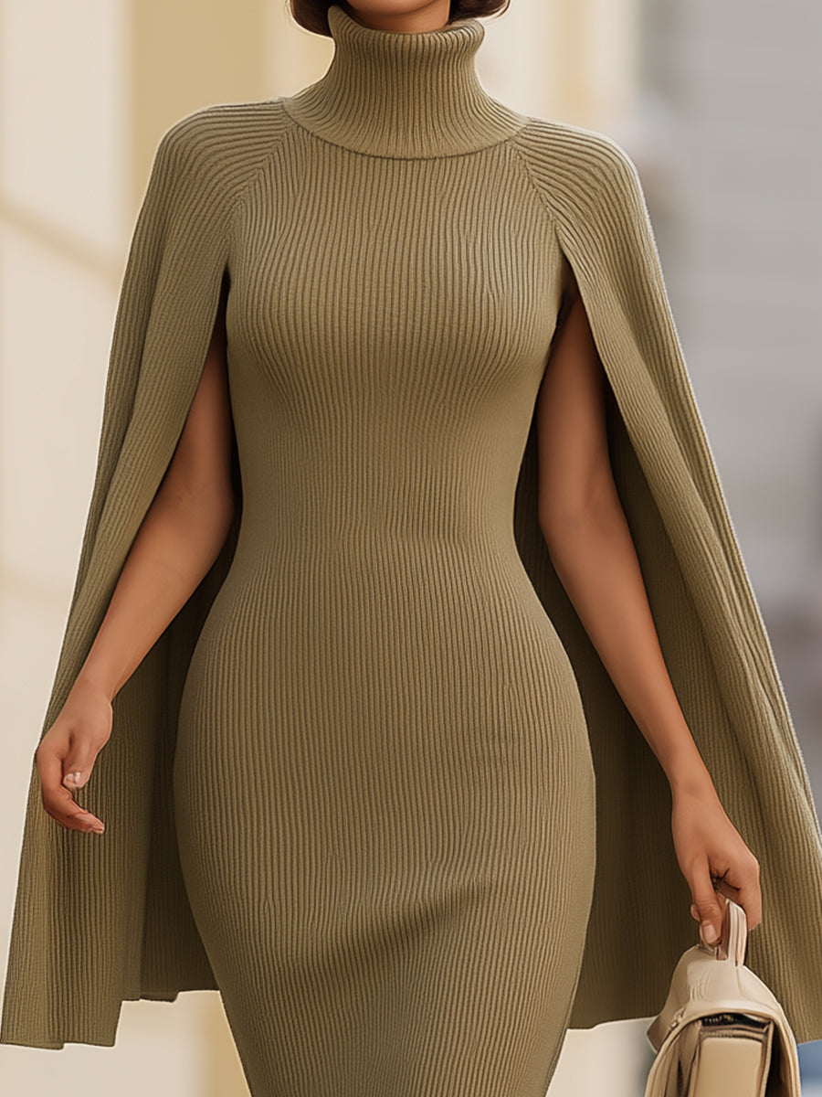 Aaliyah - Ribbed Knit Turtleneck Cape Dress