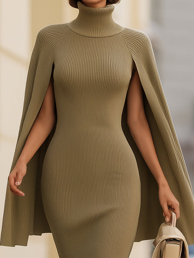 Aaliyah - Ribbed Knit Turtleneck Cape Dress