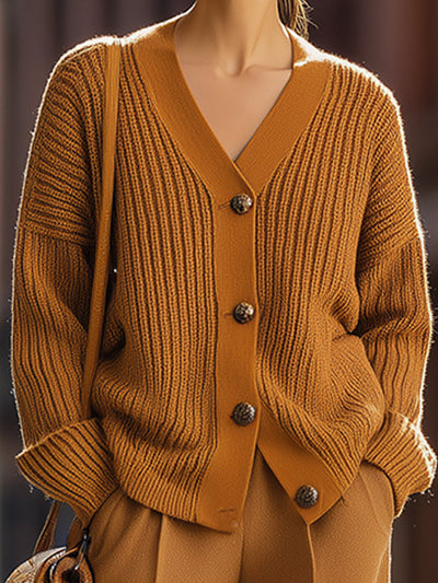 Eda - Caramel Ribbed Knit Cardigan And Wide-Leg Pants Set