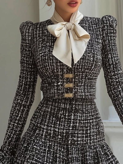 Serena - Bow Tie Chanel Style Black Tweed Set