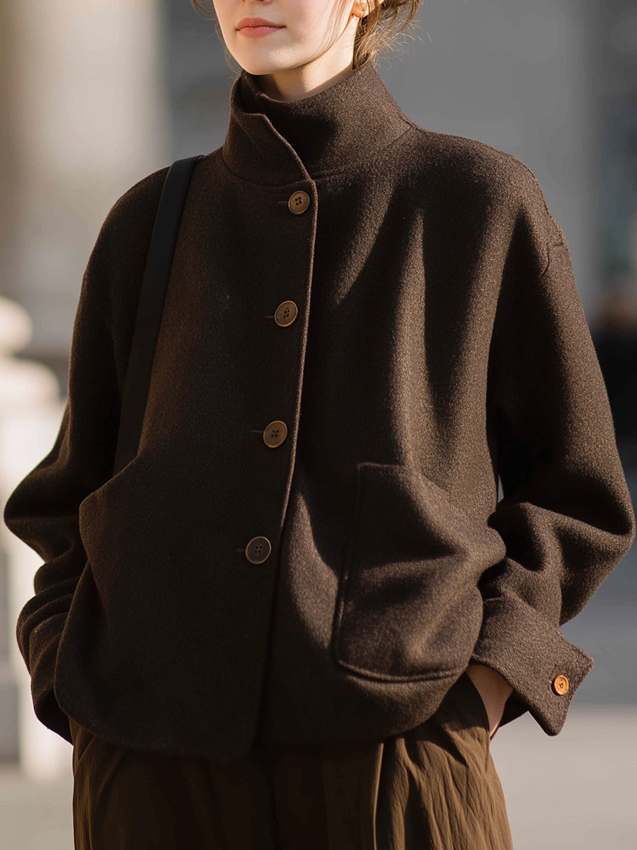 Hannah - Minimalist Brown Wool Stand-Collar Jacket